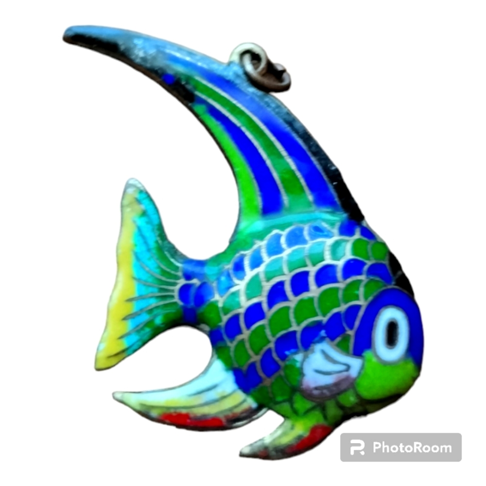 Cloisonne metal angel fish green blue and yellow gold trim